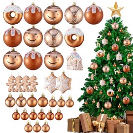 35Pcs Christmas Tree Ornaments Donut Gingerbread Snowflake Shatterproof Gold and White Hanging Ball Pendants for Xmas Winter Bakery New Year Party Decorations