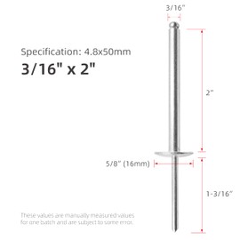JIANDAXIN 30Pcs Large Flange Extra Long Blind Rivets, Extended Length, Aluminium Large Head Steel Shank Mandrel Long-Shaft Pop Rivets (3/16"x2")