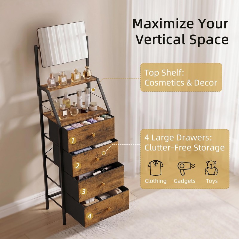 HIGDBFE Vanity Dresser with Mirror & 4 Drawers, Rustic Brown,