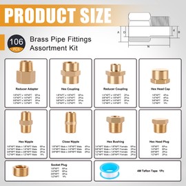 Ailbiuko 106PCS Brass Pipe Fittings Assortment Kit NPT Extension Adapter,Reducer Bushing,Hex Nipple,Close Nipple,Reducing Hex Coupling,Hex Head Plugs,Hex head Cap,Socket Plug Kit
