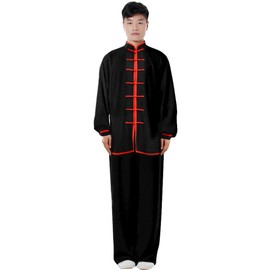 ZooBoo Cotton Blend Long Sleeves Tai Chi Suit Morning Exercise Uniform Kung Fu Clothing for Men (Black+Red, L)