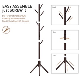 COLAMY Wooden Coat Rack, Free Standing Coat Tree with 7 Hooks for Bedroom, Entryway, Entrance, Office, for Hats, Coats, Scarves, Handbags（Brown