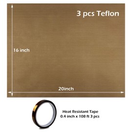 PTFE Teflon Sheet 16 x 20 Heat Tape Heat Resistant Tape, Heat Press Transfer Sheet 3 Pack Non Stick & Heat Tape Heat Transfer Tape 3 Pack 10mm X 33m 108ft