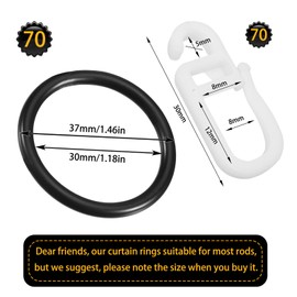 70 x Plastic Rings with Folding Hooks, Plastic Curtain Rings for Universal Tape/Ruffle Tape, 30 mm Inner Diameter, Colour: Black