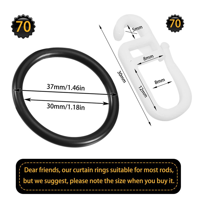 70 x Plastic Rings with Folding Hooks, Plastic Curtain Rings