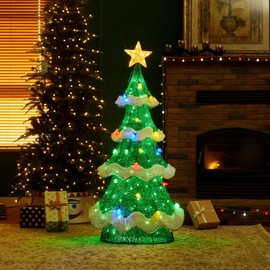 Glitzhome 56.25" H Lighted Christmas 3D Mesh Tree, Outdoor Decor with Colorful Long-Lasting Bulbs Holiday Lawn Ornament Yard Decoration Outdoor and Indoor use Long Lasting, 171 Green LED Lights
