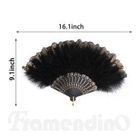 Framendino, Feather Fan Embroidered Flower Marabou Feather Hand Fan Folding Fan for 20s Women Costume Party Dancing Decoration