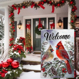 Welcome Winter Cardinal Garden Flags for Outside 12×18 Inch Double Sided Xmas Cardinal Garden Flags with Red Bird Pine Twigs Berry for Outdoor Yard Lawn Garden Sign Merry Christams Decoration