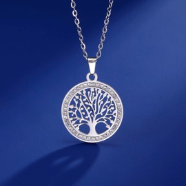 Dreamtimes Tree of Life Necklace for Women Stainless Steel Gold Color Clear Zircon Round Pendant Neck Chains Family Tree Fashion Charm Luxury Jewelry Wedding Gift (SILVER)
