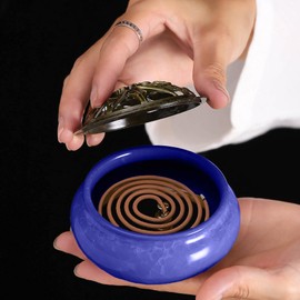 Incense Cone Burner, Ceramic Stick Incense Burner, Ceramic Censer Suitable for Linear/Cone/Pan Incense Stick Burner, with Metal Incense Holder+Fireproof Cotton+ Incense Cones (Gemstone Blue)