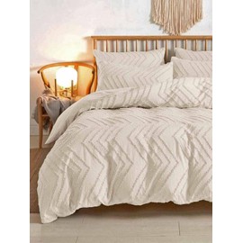 Nanko California King Size Comforter Set Beige Tufted Jacquard Boho Soft Shabby Chic Reversible Down Alternative Microfiber Bedding - All Season Farmhouse Bed Set Women Men Cal King 104x98 3pc, Cream