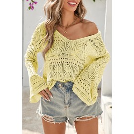 Cakulo Womens Spring Summer Crochet Bell Sleeve Tops Off The Shoulder Knit Sweater Top Beach Cover Up Yellow L