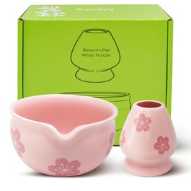 Yiomxhi 2 Pcs Matcha Tea Set, Ceramic Matcha Bowl with Spout, Matcha Whisk Holder, Matcha Kit for Traditional Ceremony, Gift for Matcha Lovers, Pink
