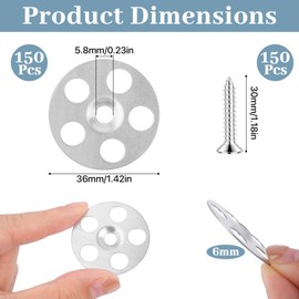 Akamino 300 Pcs Easy Fix Washers Set, 150 Pcs 36mm Diameter Tile Backer Board Washer with 150 Pcs Screws,Galvanised Iron Fixing Washers Insulation Board Washer for Insulation Thermoboard Backer Boards