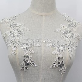 SEMCICOR Pair of Embroidery Sequin Lace Applique Fine Lace Fabric Patches Embroidered Trim Applique Motif Wedding Gown Dress Bridal DIY Crafts
