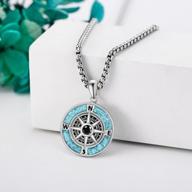 URONE Compass Necklace 925 Sterling Silver Compass Turquoise Pendant Necklaces Travel Necklace Compass Jewellery Graduation Gifts for Women Men