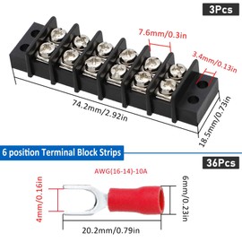 3sets Screw Terminal Strip Block 6 Position，Dual Terminal Blocks with 16-14AWG Insulated Fork Wire Connectors for Electrical Wiring
