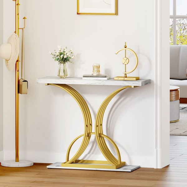 YITAHOME Gold Console Table, Modern Sofa Table for Living Room, Hallway, 40 inch Narrow Entryway Table, Faux Marble White