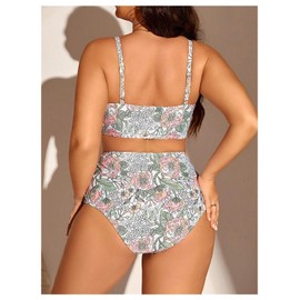 SOLY HUX Plus Size Swimsuit for Women Floral Print High Waisted Bikini Set Two Piece Bathing Suit Multicoloured Floral XX-Large Plus