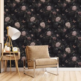 LaiTique Rose and Butterfly Peel and Stick Wallpaper Vintage Floral Wallpaper Self-Adhesive and Removable Gothic Vinyl Wall Paper for Home Decoration 17.7in x 118in