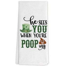 DNEULYR Funny St Patrick's Day Hand Towels, St Patrick's Day Bathroom Decor, He Sees You When You're Pooping Decorative St Patrick's Day Dish Tea Towels for Kitchen Decor, 16x24 Inch