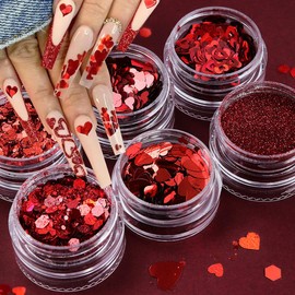 Holographic Nail Art Sequins Glitter Kits,6 Boxes Red Valentine's Nails Powder Love Heart Nail Art Sequins Red Shining Flakes Heart Shaped Nail Glitter Set for Valentine's Day Nails Art Decorations