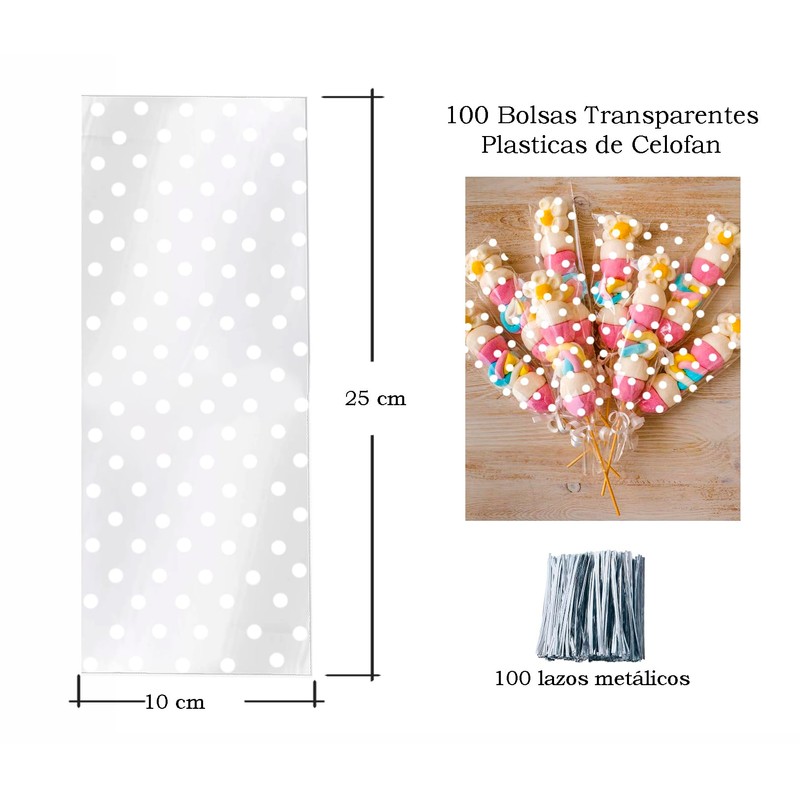 100 x Clear Cellophane Candy Bags with White Dots 100