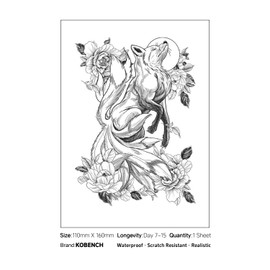 kobench Semi Permanent Tattoos,Nine-Tailed Fox In The Flowers - K104 Design,Waterproof,Easy-to-Apply,Long Lasting 1-2 Weeks, Plant-Based,Flower Tattoos
