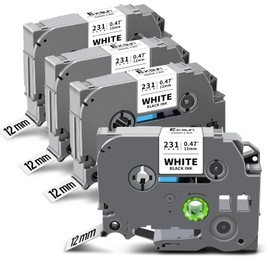 Exsun 4 Pack 12mm 0,47'' Schriftband Kompatibel für Brother TZe-231 TZe231 Tz231 Tzc231 Etikettenband für P-touch PT-H105 H107 E100 D600 H100R H110 H101C H100LB H200 D400 Schwarz auf Weiß
