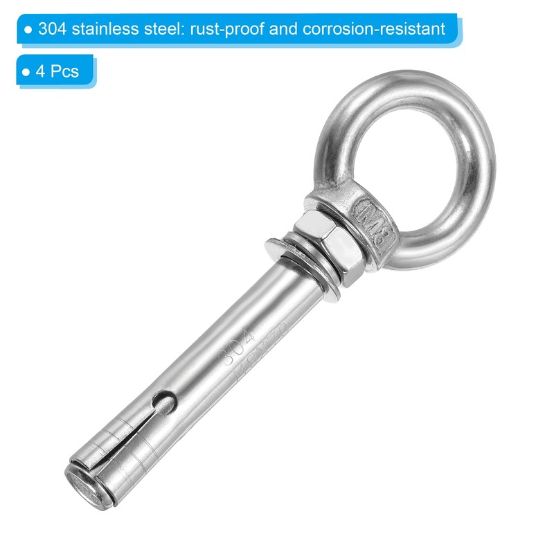 PATIKIL M8x70mm Extended Eye Bolts 4 Pack 304 Stainless Steel
