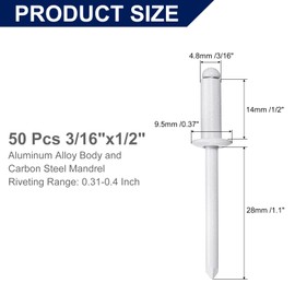 sourcing map 50Pcs 3/16"x1/2" Aluminum Blind Rivets, Aluminum Grip and Steel Mandrel, Dome Head Long Split Rivets for Metal, Furniture, Automotive, White