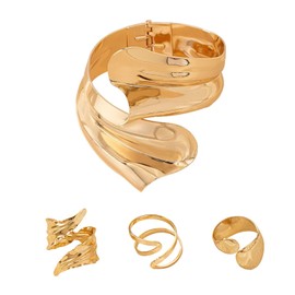 GUSXPPD Cuff Bangle Bracelets for Women, Gold Bangles Chunky, Open Adjustable Bracelet and Ring, Women's Cuff Jewellery Sets For Women Teen Girls (Gold B)