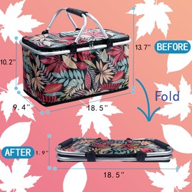 Insulated Picnic Basket for 2, Collapsible Shopping Baskets with 29L Large Market Basket with Handles, Folding Grocery Basket Insulated Cooler Bag for Picnic Travel Food Delivery Market Shopping Red