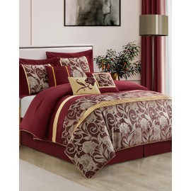 LANCO MODERN LIFESTYLE California King Comforter Set, Red Gold, Luxury Floral Jacquard Bedding Sets Included Comforter, Bedskirt, Pillow Shams and Decorative Pillows, 7 Pieces, All Seasons