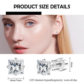 Flat Back Earrings Women, Clear Cubic Zirconia Studs Flatback, Square CZ Screw Back Stud, Titanium Earring for Multiple Piercings, 4mm/5mm Stone Options (Clear Squaer CZ-4MM)