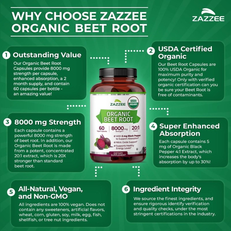 Zazzee USDA Organic Beet Root 8000 mg Strength 20:1 Extract,