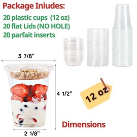 12 oz Clear Plastic Parfait Cups with Insert 3.25oz & Flat Lids No Hole - (20 Sets) Yogurt Fruit Parfait Cups for Kids, for Dips and Veggies, Take Away Breakfast and Snacks. No Leaking