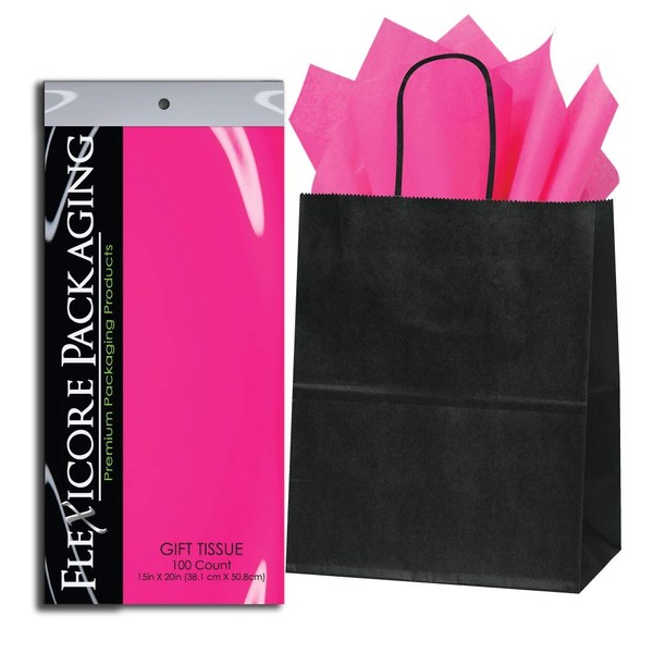 Flexicore Packaging® | 8"x4.75"x10.25" Black Kraft Paper Gift Bags + Gift Tissue Paper (Hot Pink, 50 Bags)