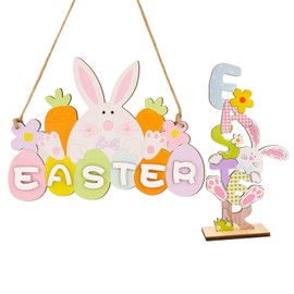Pack of 2 Easter Wooden Decorative Door Sign and Stand Lettering Easter Spring Easter Bunny Easter Decoration for Hanging and Standing