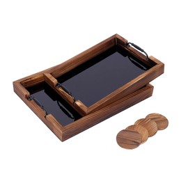 Luxury Wood Serving Tray Set with Matching Coasters - 6-Piece Tray Set (18x14 & 16x12), Torched Dark Brown, Black Acrylic Liner, Reflective Base, Sturdy Handles (2 Tray Set + 4 Coasters)