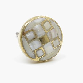 Handmade Inlay Pearl with Brass Body Mixed Media Knob, Pull, Handle, for Cupboards, Doors, Cabinets, Drawers, Furniture, Kitchens (Plus Fitting Hardware) 3.67 cm Diameter 4 cm Rod Length
