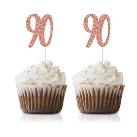 Rose Gold 90th Birthday Cupcake Topper, 24-Pack Number 90 Glitter Happy Birthday Party Cupcake Toppers, Decorations