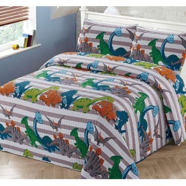 3pc Full/Queen Bedspread Coverlet Quilt Set for Kids Multi-Color Dinosaurs Stripe Quilt Grey Orange White Green Blue.