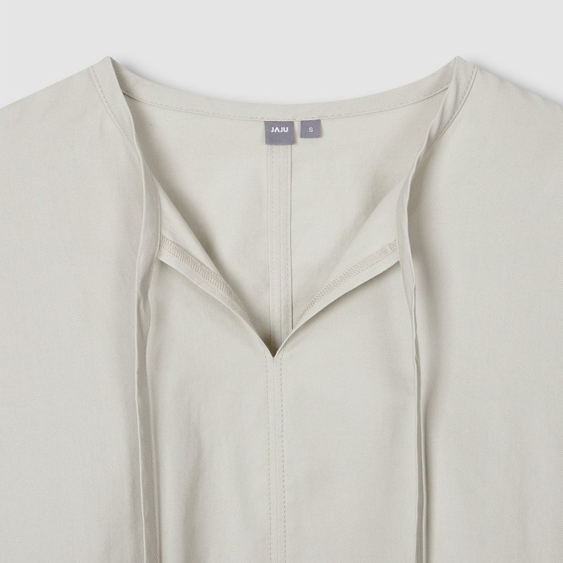 JAJU [JAJU] Women's Loose Fit Shirred Sleeve Blouse_Khaki Gray