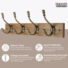 Keypak Rustic Wall-Mounted Coat 4 Hook Rail, 46 cm, Handcrafted Dark Wood with Brass Hooks for Coats, Towels & Bags