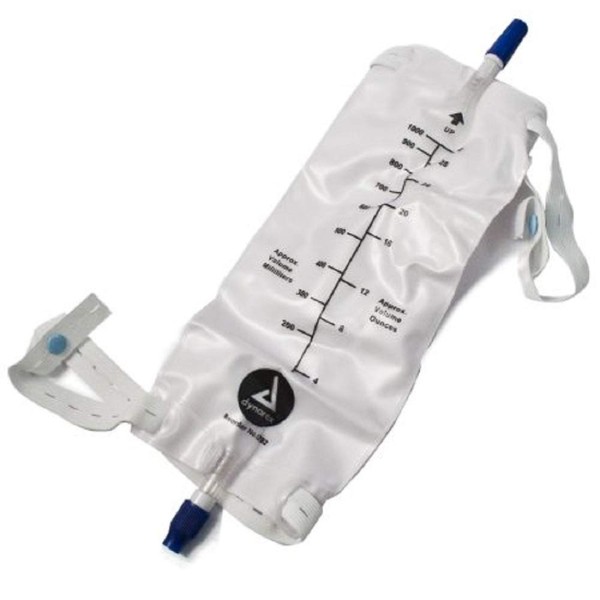 Dynarex Urinary Leg Bag, For Use with a Catheter, Has a Non-Drip Closure and Anti-Reflux Valve, Includes Easy-to-Use Straps, 1000 ml/20 oz Capacity, Medium, White, 1 Box of 12 Dynarex Urinary Leg Bags