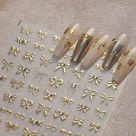 HPYFOI Gold Bow Nail Stickers for Nail Art Coquette Bow Nail Decals with 3D Rhinestone Design Bows Stickers for Nails Self Adhesive Nail Art Supplies Charms for Women Girls DIY Manicure 1 Sheet