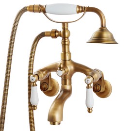 Antique brass Clawfoot Bathtub Faucet Wall Mount Hand Held Shower Faucet Set Double Lever Handle with 6 Inch Center with Adapter Adjustable Swing Arms