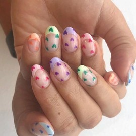 Valentine’s Day Press on Nails Short Almond Fake Nails Colorful French Tips Stiletto Glue on Nails with Colorful Heart Designs Full Cover Acrylic Nails Valentine False Nails for Women DIY Nails 24pcs