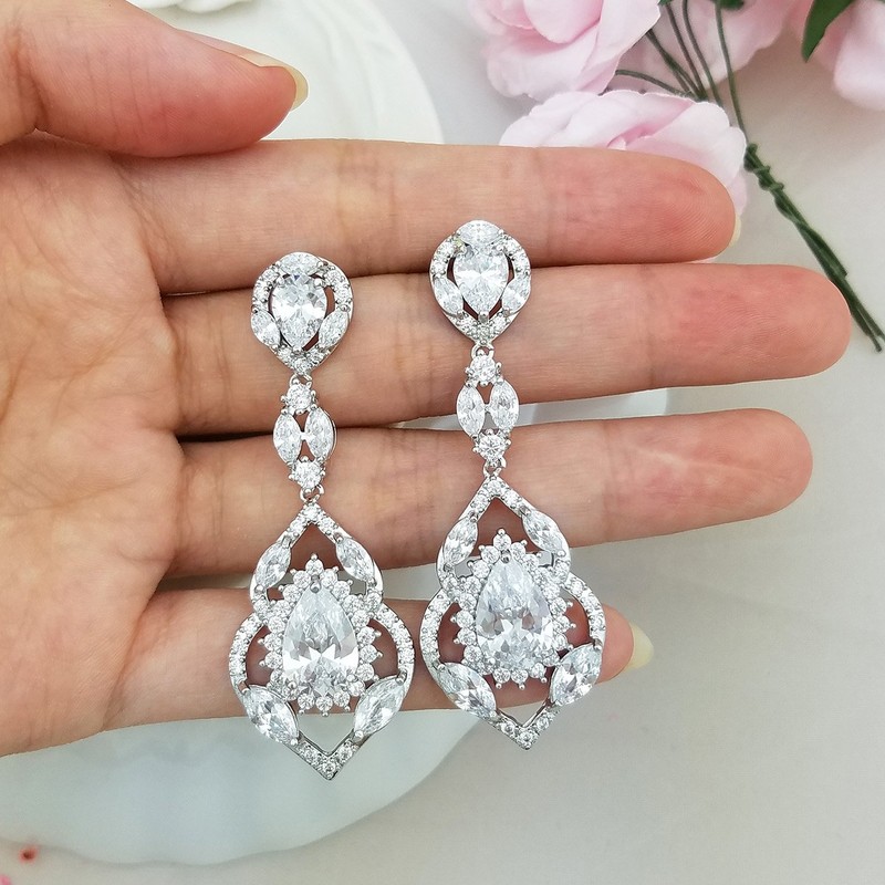 QUKE Silver Tone CZ Austrian Crystal Water Drop Bridal Wedding